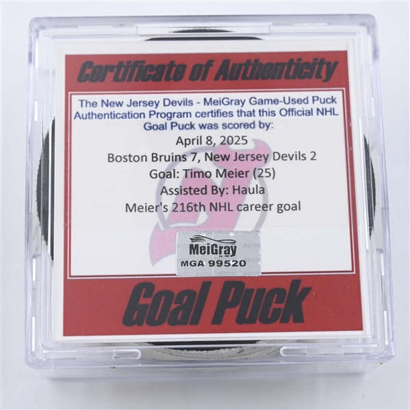 Timo Meier - New Jersey Devils - Goal Puck - April 8, 2025 vs. Boston Bruins (Devils Logo)