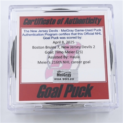 Timo Meier - New Jersey Devils - Goal Puck - April 8, 2025 vs. Boston Bruins (Devils Logo)