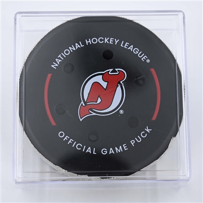 Timo Meier - New Jersey Devils - Goal Puck - April 8, 2025 vs. Boston Bruins (Devils Logo)