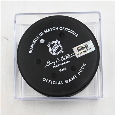 Tyler Myers - Vancouver Canucks - Goal Puck - March 28, 2025 vs. Columbus Blue Jackets (Blue Jackets Logo)