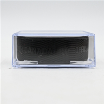 Tyler Myers - Vancouver Canucks - Goal Puck - March 28, 2025 vs. Columbus Blue Jackets (Blue Jackets Logo)