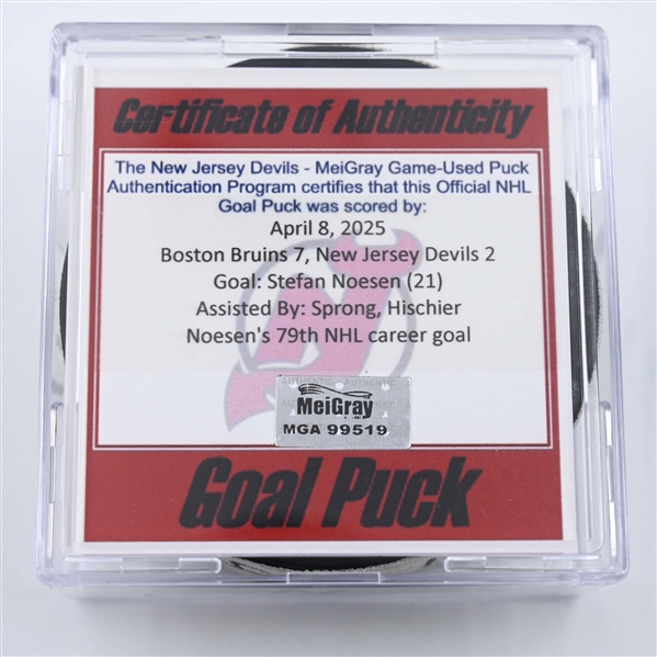 Stefan Noesen - New Jersey Devils - Goal Puck - April 8, 2025 vs. Boston Bruins (Devils Logo)