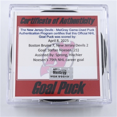 Stefan Noesen - New Jersey Devils - Goal Puck - April 8, 2025 vs. Boston Bruins (Devils Logo)