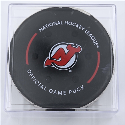 Stefan Noesen - New Jersey Devils - Goal Puck - April 8, 2025 vs. Boston Bruins (Devils Logo)