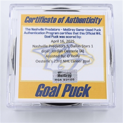 Jordan Oesterle - Nashville Predators - Goal Puck - April 16, 2025 vs. Dallas Stars (Predators Logo)