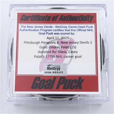 Ondrej Palat - New Jersey Devils - Goal Puck - April 11, 2025 vs. Pittsburgh Penguins (Devils Logo)