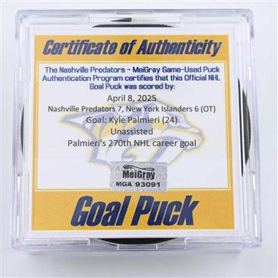 Kyle Palmieri - New York Islanders - Goal Puck - April 8, 2025 vs. Nashville Predators (Predators Logo)