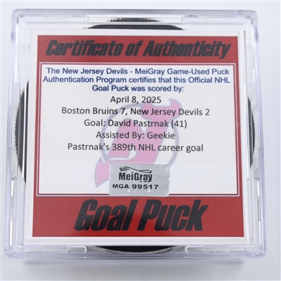David Pastrnak - Boston Bruins - Goal Puck - April 8, 2025 vs. New Jersey Devils (Devils Logo)
