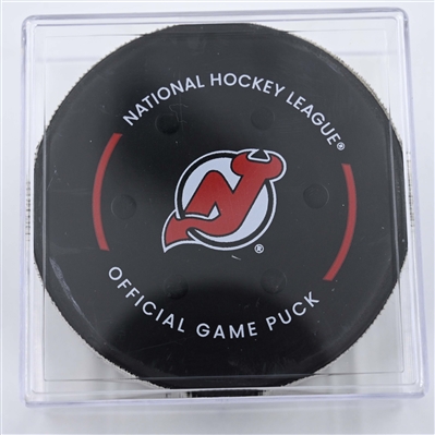 David Pastrnak - Boston Bruins - Goal Puck - April 8, 2025 vs. New Jersey Devils (Devils Logo)