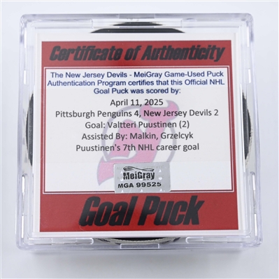 Valtteri Puustinen - Pittsburgh Penguins - Goal Puck - April 11, 2025 vs. New Jersey Devils (Devils Logo)