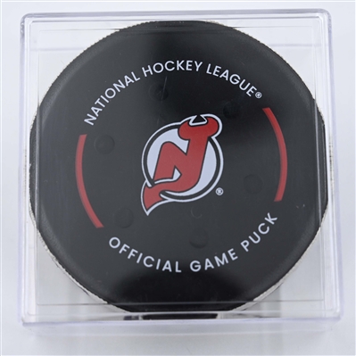 Valtteri Puustinen - Pittsburgh Penguins - Goal Puck - April 11, 2025 vs. New Jersey Devils (Devils Logo)