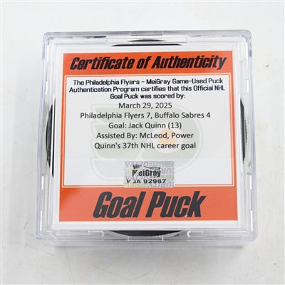 Jack Quinn - Buffalo Sabres - Goal Puck - March 29, 2025 vs. Philadelphia Flyers (Flyers Logo)