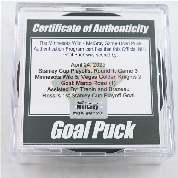 Marco Rossi - Minnesota Wild - Goal Puck - April 24, 2025 vs. Vegas Golden Knights - 2025 Stanley Cup Playoffs, Round 1, Game 3 (Wild Logo)
