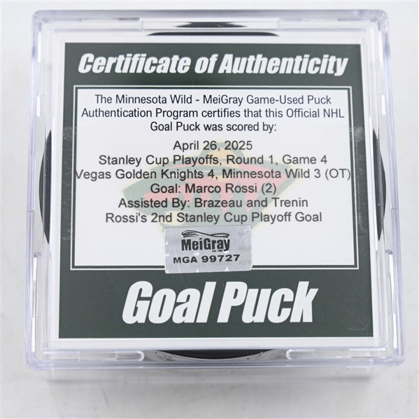 Marco Rossi - Minnesota Wild - Goal Puck - April 26, 2025 vs. Vegas Golden Knights - 2025 Stanley Cup Playoffs, Round 1, Game 4 (Wild Logo)