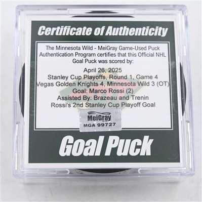 Marco Rossi - Minnesota Wild - Goal Puck - April 26, 2025 vs. Vegas Golden Knights - 2025 Stanley Cup Playoffs, Round 1, Game 4 (Wild Logo)