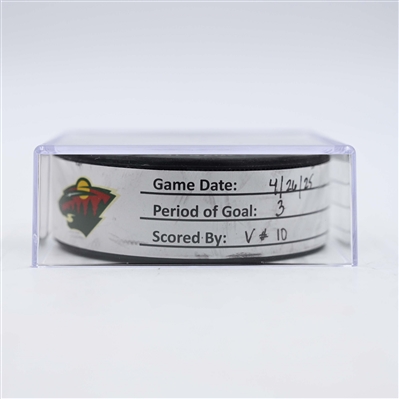 Nicolas Roy - Vegas Golden Knights - Goal Puck - April 26, 2025 vs. Minnesota Wild - 2025 Stanley Cup Playoffs, Round 1, Game 4 (Wild Logo)