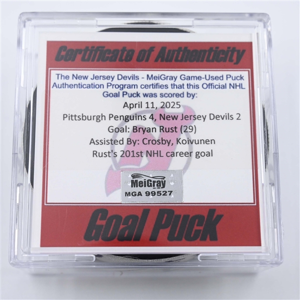 Bryan Rust - Pittsburgh Penguins - Goal Puck - April 11, 2025 vs. New Jersey Devils (Devils Logo)