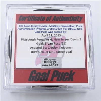 Bryan Rust - Pittsburgh Penguins - Goal Puck - April 11, 2025 vs. New Jersey Devils (Devils Logo)