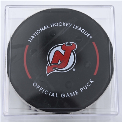 Bryan Rust - Pittsburgh Penguins - Goal Puck - April 11, 2025 vs. New Jersey Devils (Devils Logo)