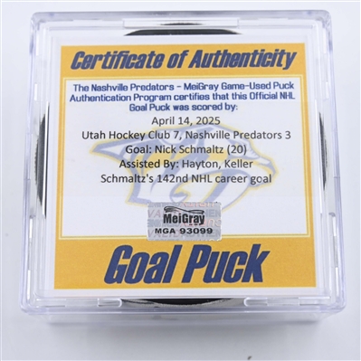 Nick Schmaltz - Utah Hockey Club - Goal Puck - April 14, 2025 vs. Nashville Predators (Predators Logo)