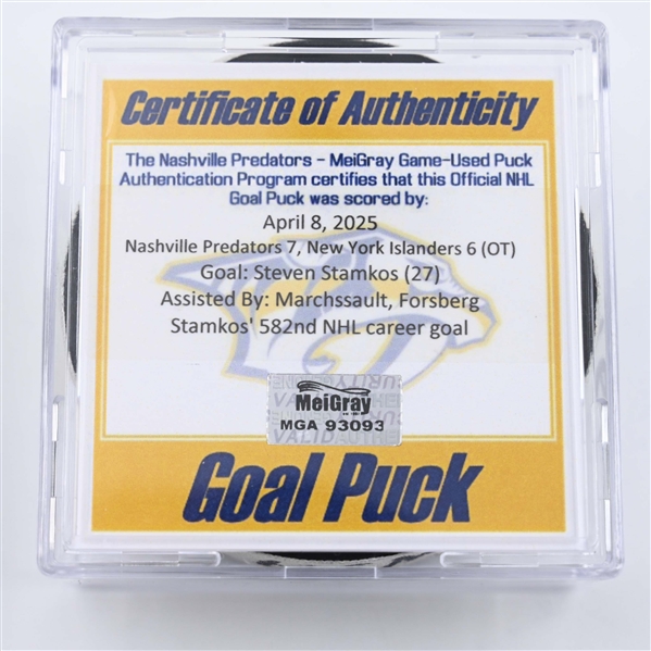 Steven Stamkos - Nashville Predators - Goal Puck - April 8, 2025 vs. New York Islanders (Predators Logo)