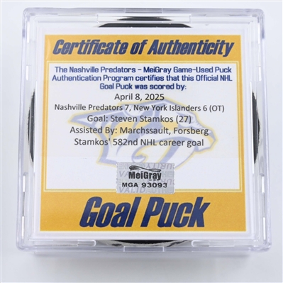 Steven Stamkos - Nashville Predators - Goal Puck - April 8, 2025 vs. New York Islanders (Predators Logo)