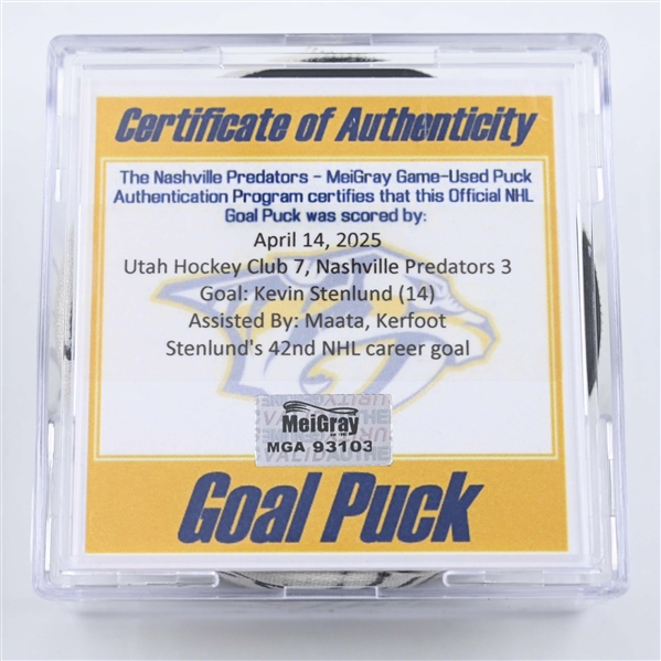 Kevin Stenlund - Utah Hockey Club - Goal Puck - April 14, 2025 vs. Nashville Predators (Predators Logo)