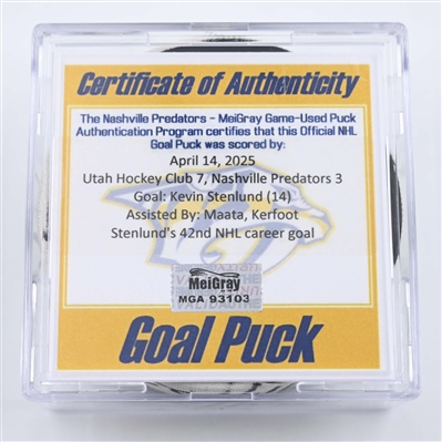 Kevin Stenlund - Utah Hockey Club - Goal Puck - April 14, 2025 vs. Nashville Predators (Predators Logo)