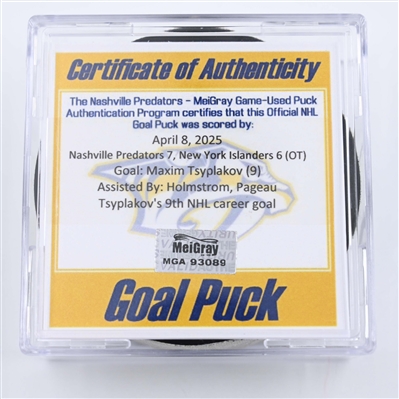 Maxim Tsyplakov - New York Islanders - Goal Puck - April 8, 2025 vs. Nashville Predators (Predators Logo)