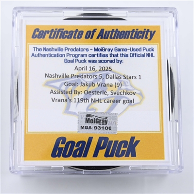 Jakub Vrana - Nashville Predators - Goal Puck - April 16, 2025 vs. Dallas Stars (Predators Logo)